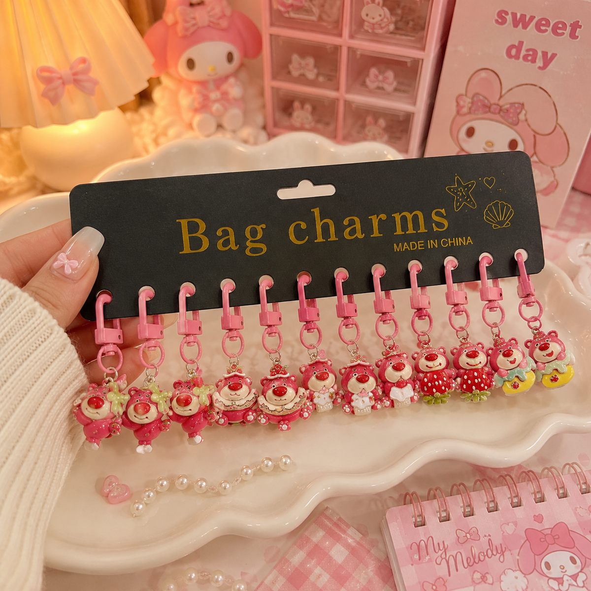 小物 kohjiya 3 TYPES OF CHARMS Lotso Bear Zip Charm | Cute Strawberry Bear Bag Charm & Keychain