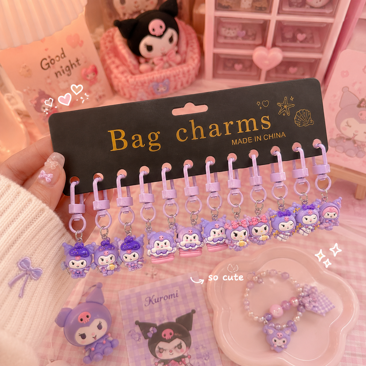 Cryamy まとめセット Kuromi Edition Zip Charm | Kawaii Sanrio Bag Charm & Keychain for