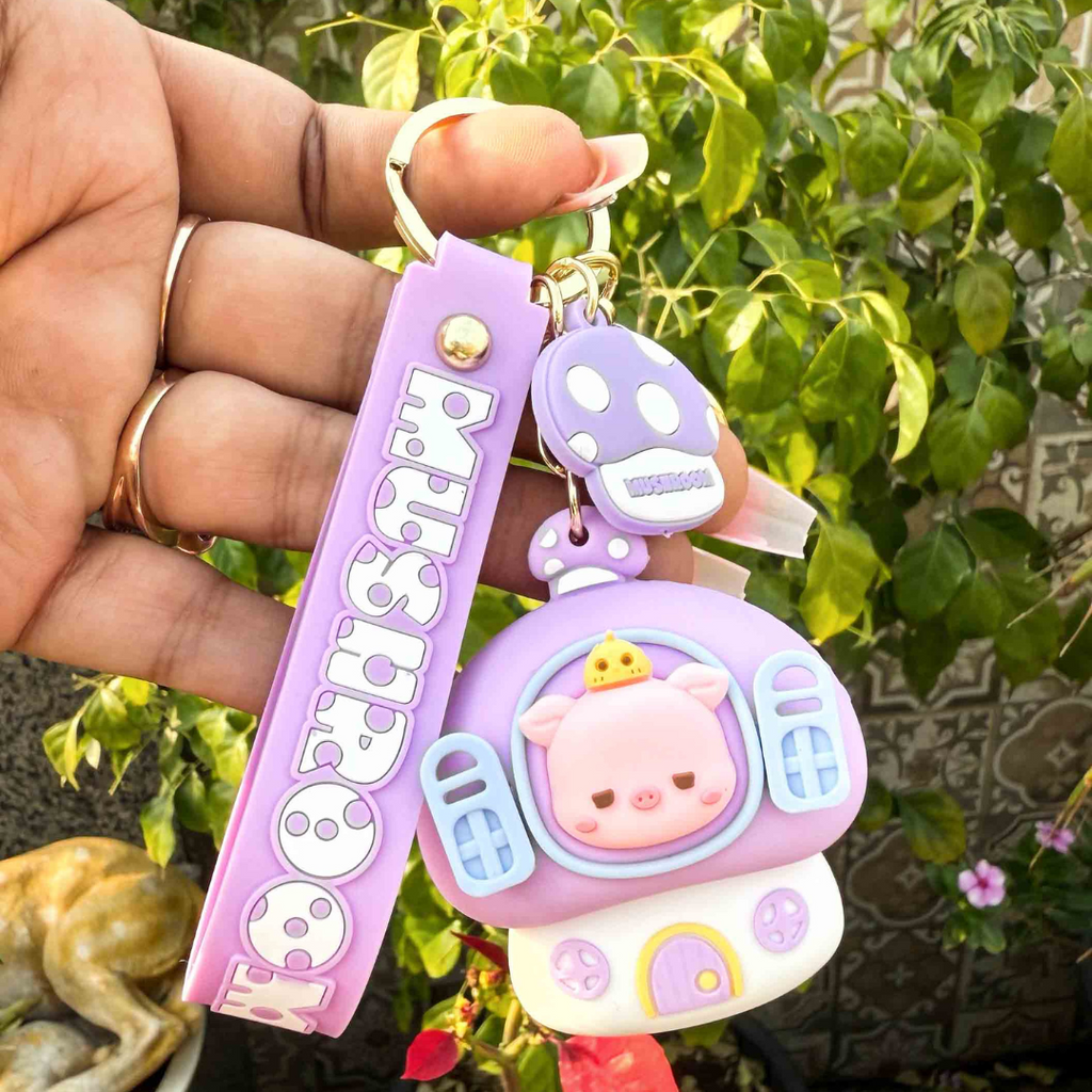Piggy Mushroom House Keychain – Lavender Edition